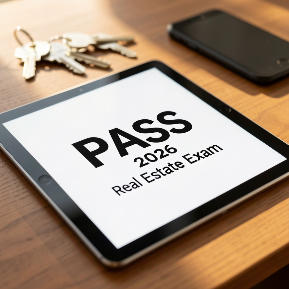 QuickPrep 2026 Real Estate Exam Study Guide App on Tablet
